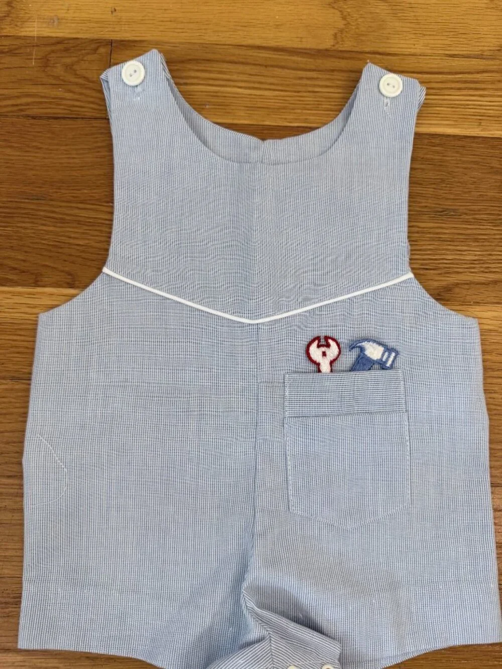 Vintage Bryan Baby Boy Seersucker Jon Jon Romper 3-6M Blue Stripe Tool Embroider